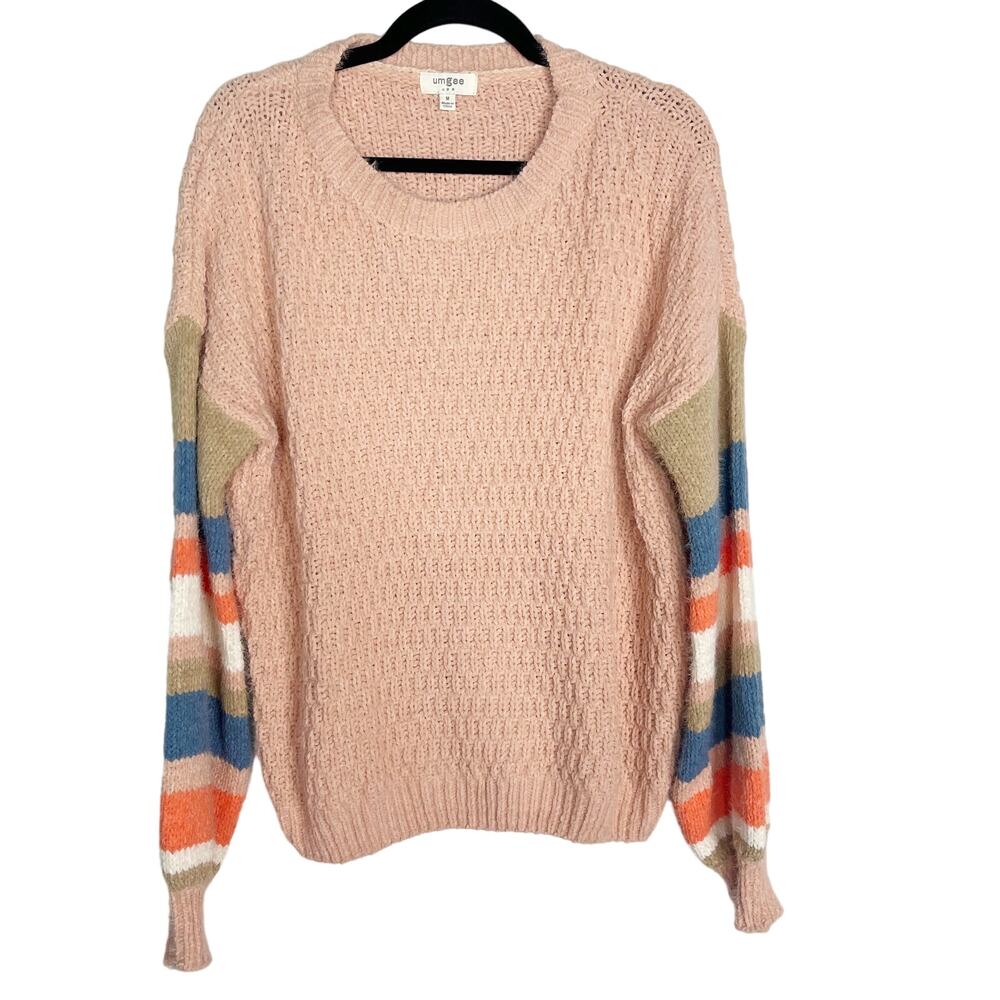 New Umgee L Pink Orange Blue Striped Sleeve Knit Sweater Crew Ribbed Chunky Knit
